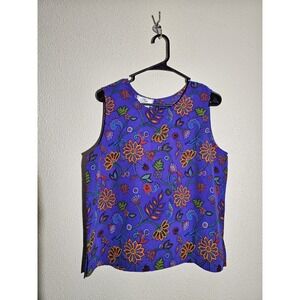 Silk Boutique 100% Silk Bright Maximalist Folk Art Sleeveless Blouse‎ Festival